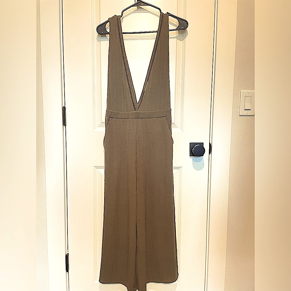 Deep-cut boho olive green jumpsuit